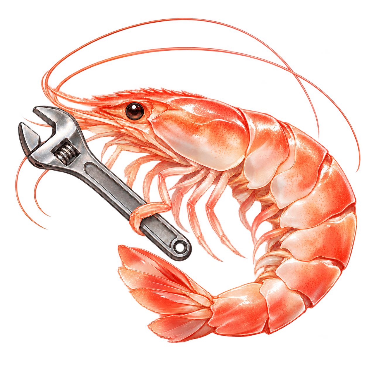 The coral-pink EbiNet shrimp holding an adjustable spanner with one leg.