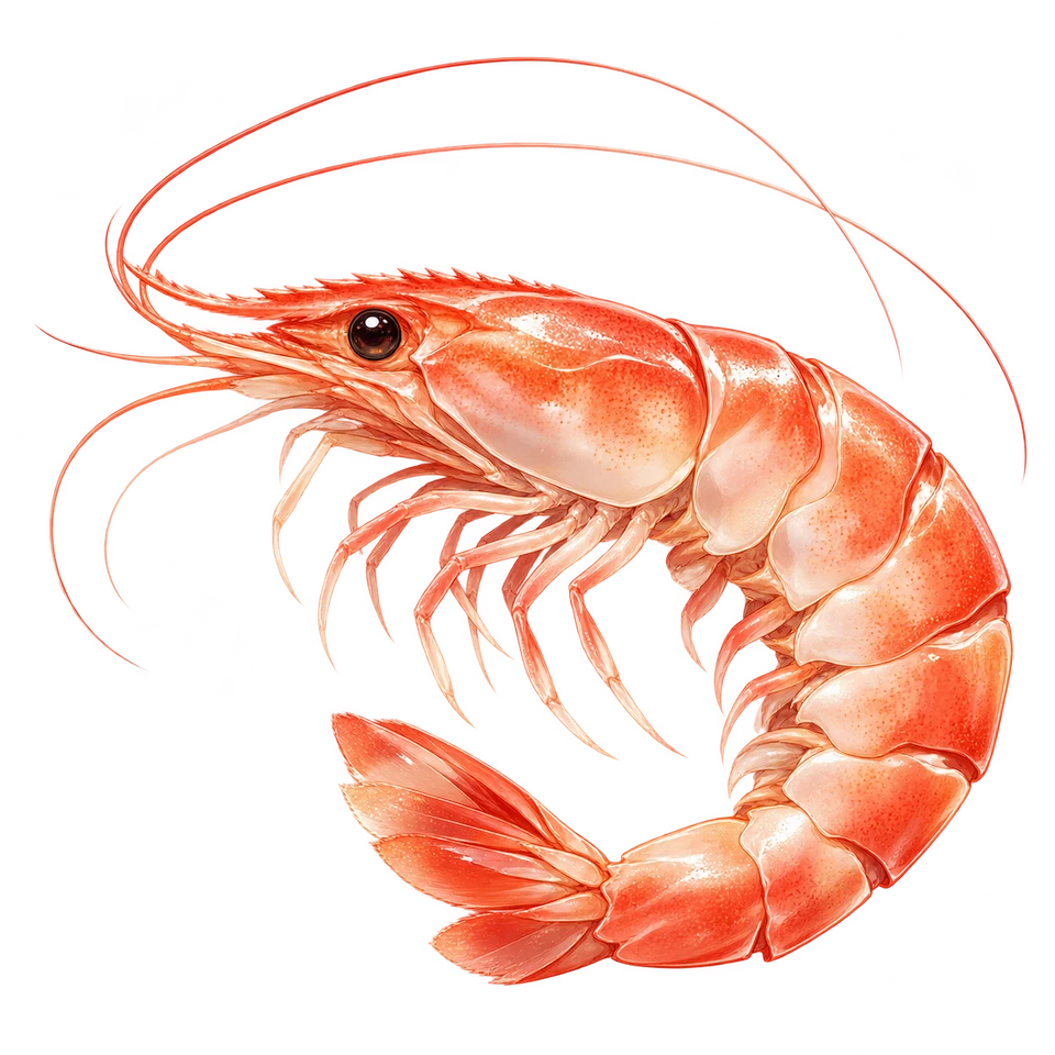 A coral-pink shrimp with a curled tail, delicate antennae, and a bright, curious eye.